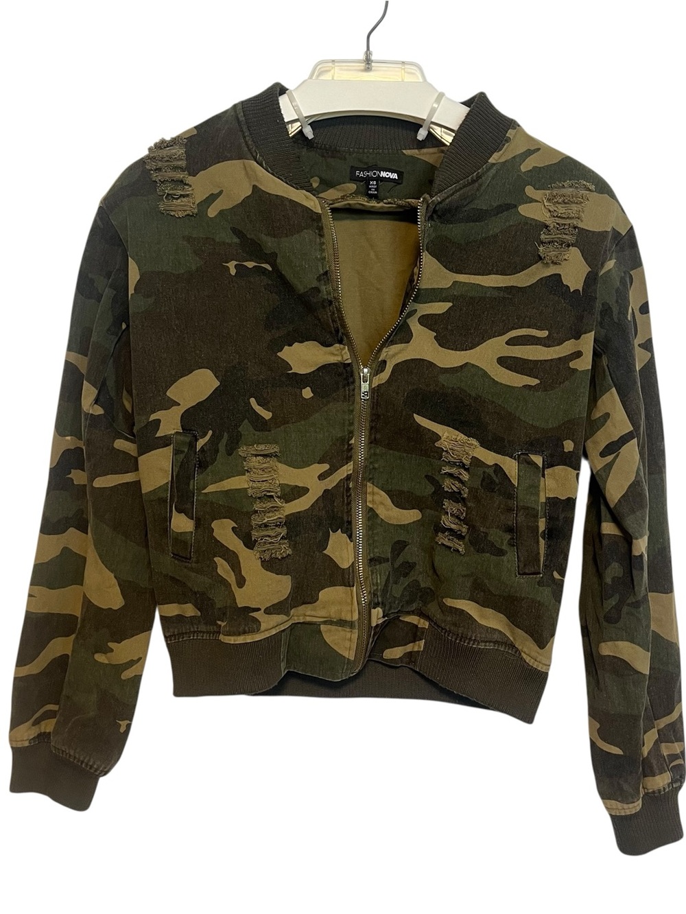FASHION NOVA Camo Distressed Bomber Jacket - Size XS - - Picture 5 of 15